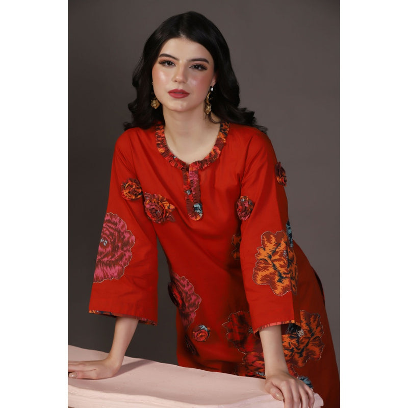 "Two Sisters" by Gyans Ruby Rhapsody Red Applique Printed Kurti With Pant (Set of 2)