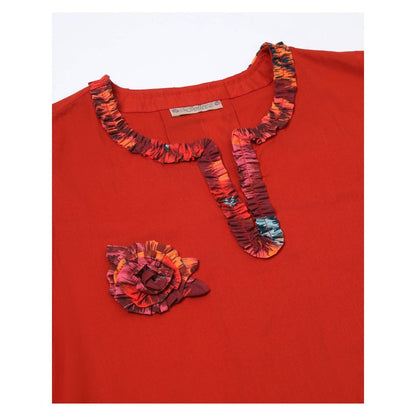"Two Sisters" by Gyans Ruby Rhapsody Red Applique Printed Kurti With Pant (Set of 2)