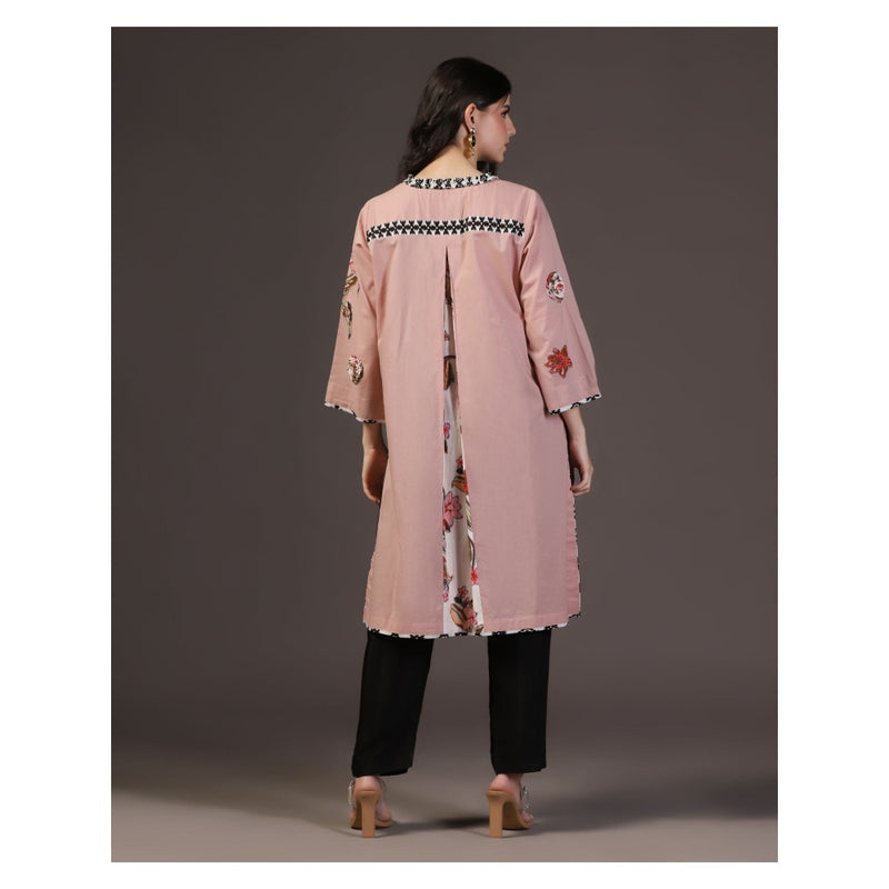 "Two Sisters" by Gyans Rose Whisper Peach Cotton Applique Printed Kurti With Pant (Set of 2)