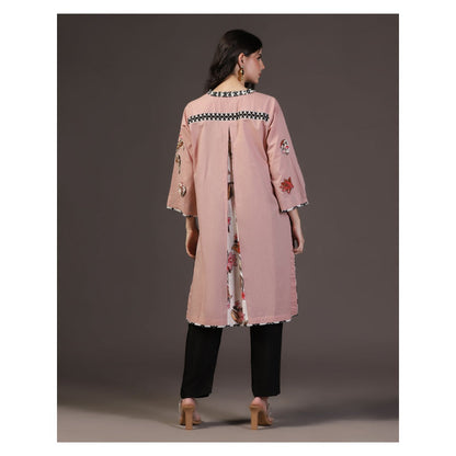 "Two Sisters" by Gyans Rose Whisper Peach Cotton Applique Printed Kurti With Pant (Set of 2)