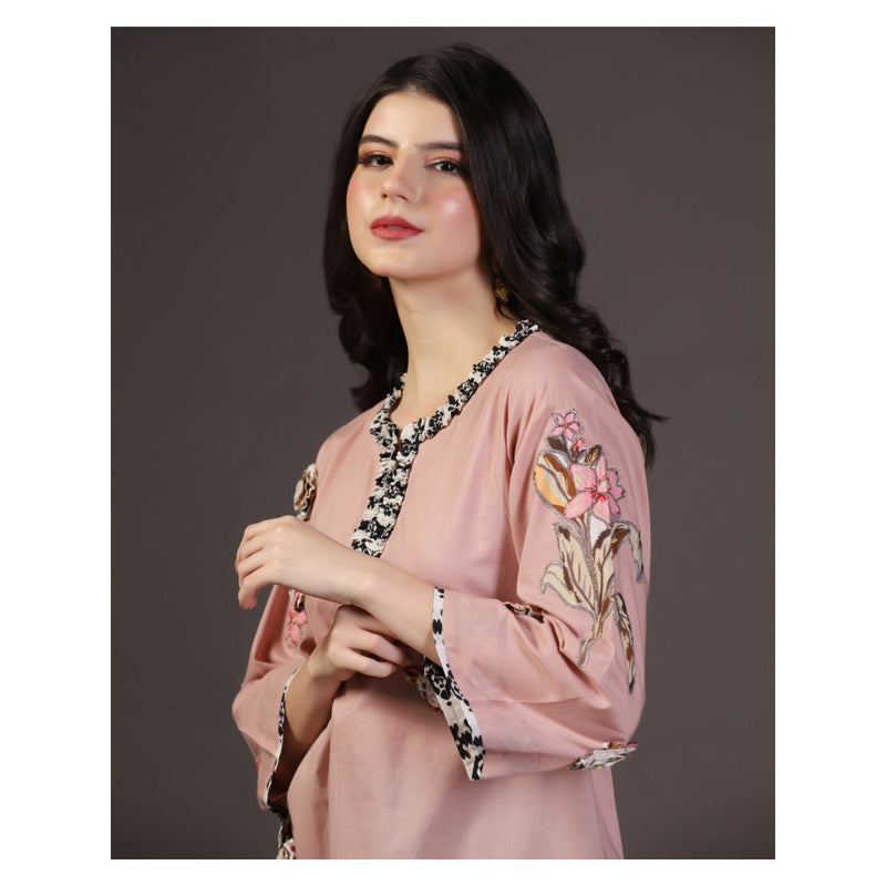 "Two Sisters" by Gyans Rose Whisper Peach Cotton Applique Printed Kurti With Pant (Set of 2)