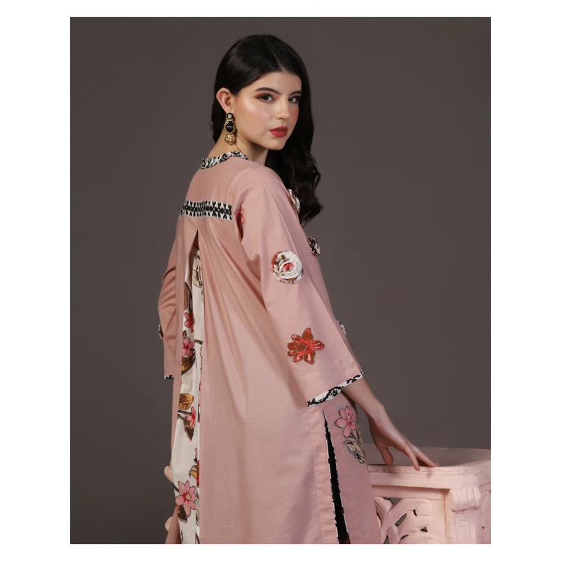 "Two Sisters" by Gyans Rose Whisper Peach Cotton Applique Printed Kurti With Pant (Set of 2)