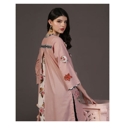 "Two Sisters" by Gyans Rose Whisper Peach Cotton Applique Printed Kurti With Pant (Set of 2)