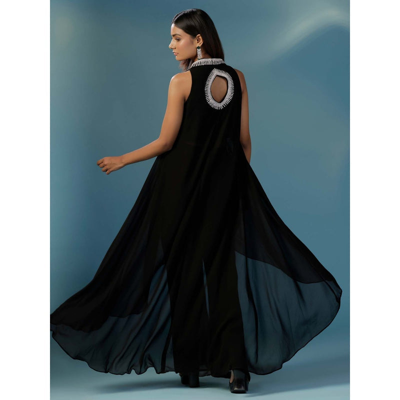 "Two Sisters" by Gyans Black Halter Georgette Hand Embroidery Cut Daba Co-Ord (Set of 2)