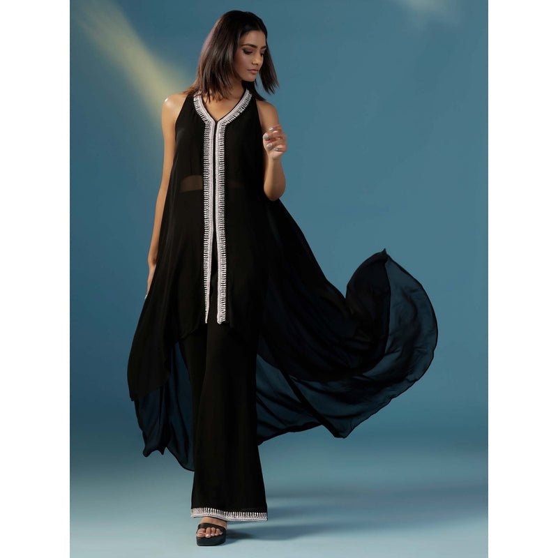 "Two Sisters" by Gyans Black Halter Georgette Hand Embroidery Cut Daba Co-Ord (Set of 2)