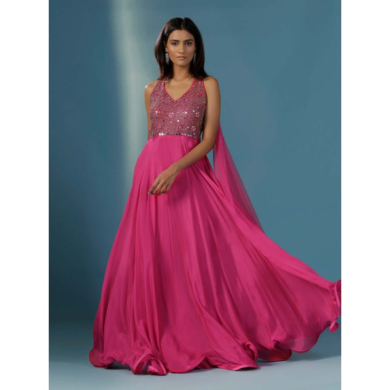 "Two Sisters" by Gyans Hot Pink Halter Mirrorwork Anarkali Gown with Attached Dupatta