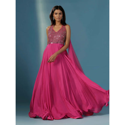 "Two Sisters" by Gyans Hot Pink Halter Mirrorwork Anarkali Gown with Attached Dupatta