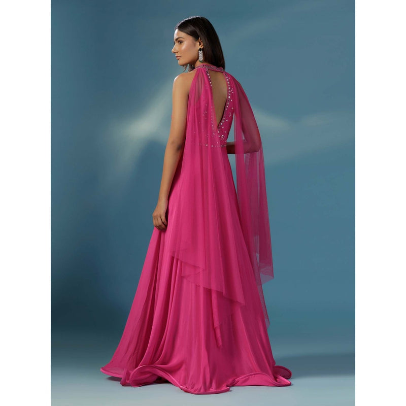 "Two Sisters" by Gyans Hot Pink Halter Mirrorwork Anarkali Gown with Attached Dupatta