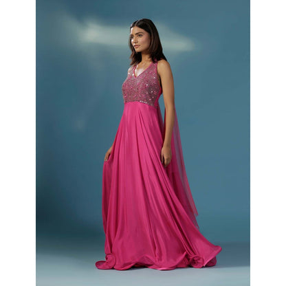 "Two Sisters" by Gyans Hot Pink Halter Mirrorwork Anarkali Gown with Attached Dupatta