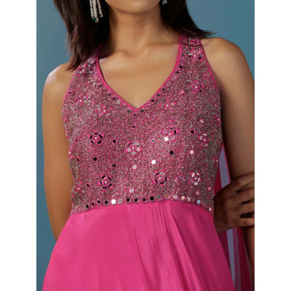 "Two Sisters" by Gyans Hot Pink Halter Mirrorwork Anarkali Gown with Attached Dupatta