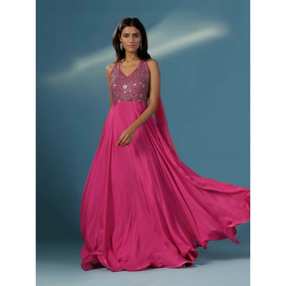 "Two Sisters" by Gyans Hot Pink Halter Mirrorwork Anarkali Gown with Attached Dupatta