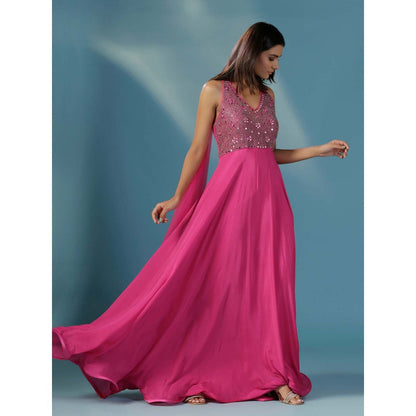 "Two Sisters" by Gyans Hot Pink Halter Mirrorwork Anarkali Gown with Attached Dupatta