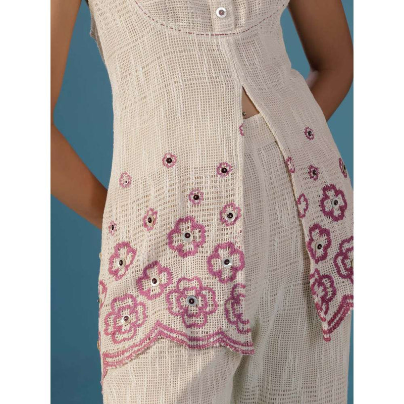 "Two Sisters" by Gyans Organic Jute Thread Embroidered Floral Work Co-Ord (Set of 2)