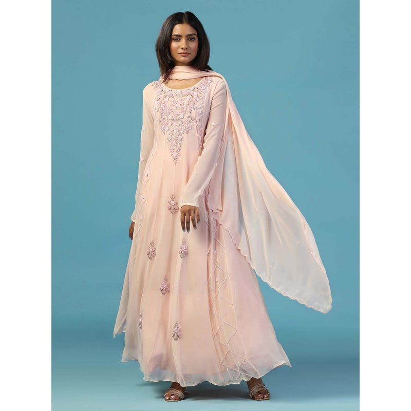 "Two Sisters" by Gyans Pink Georgette Anarkali Kurta With Churidar Pant and Dupatta (Set of 3)