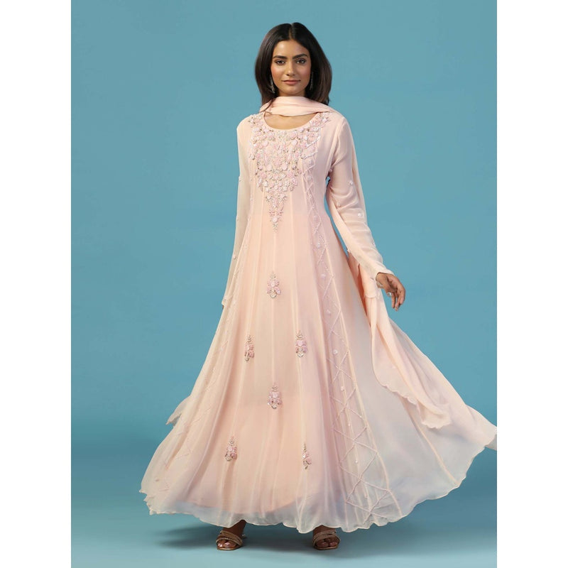 "Two Sisters" by Gyans Pink Georgette Anarkali Kurta With Churidar Pant and Dupatta (Set of 3)