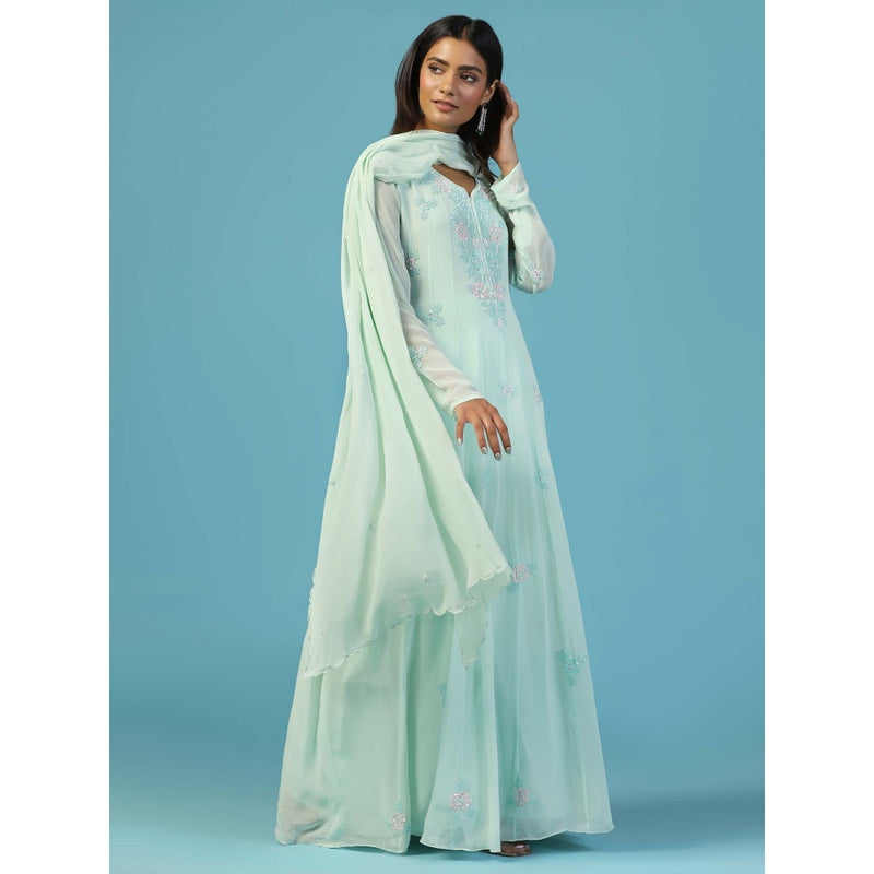 "Two Sisters" by Gyans Soft Blue Anarkali Kurta With Churidar Pant and Dupatta (Set of 3)