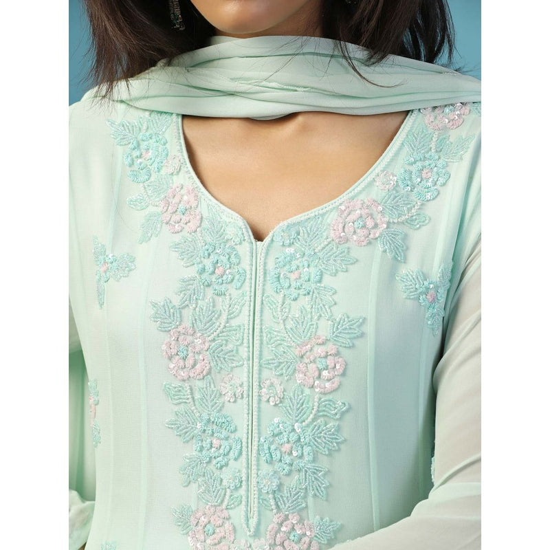 "Two Sisters" by Gyans Soft Blue Anarkali Kurta With Churidar Pant and Dupatta (Set of 3)