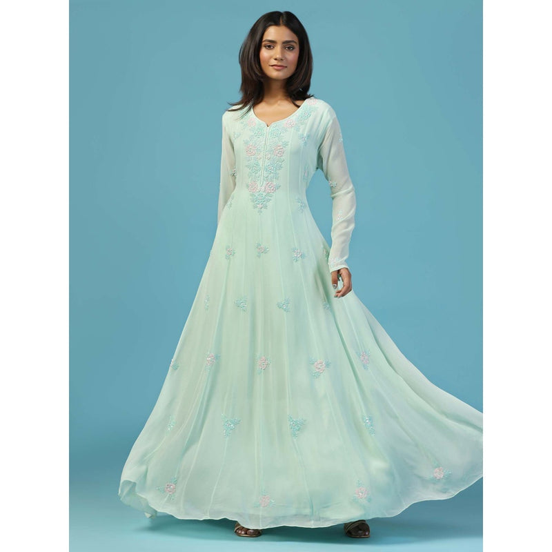 "Two Sisters" by Gyans Soft Blue Anarkali Kurta With Churidar Pant and Dupatta (Set of 3)