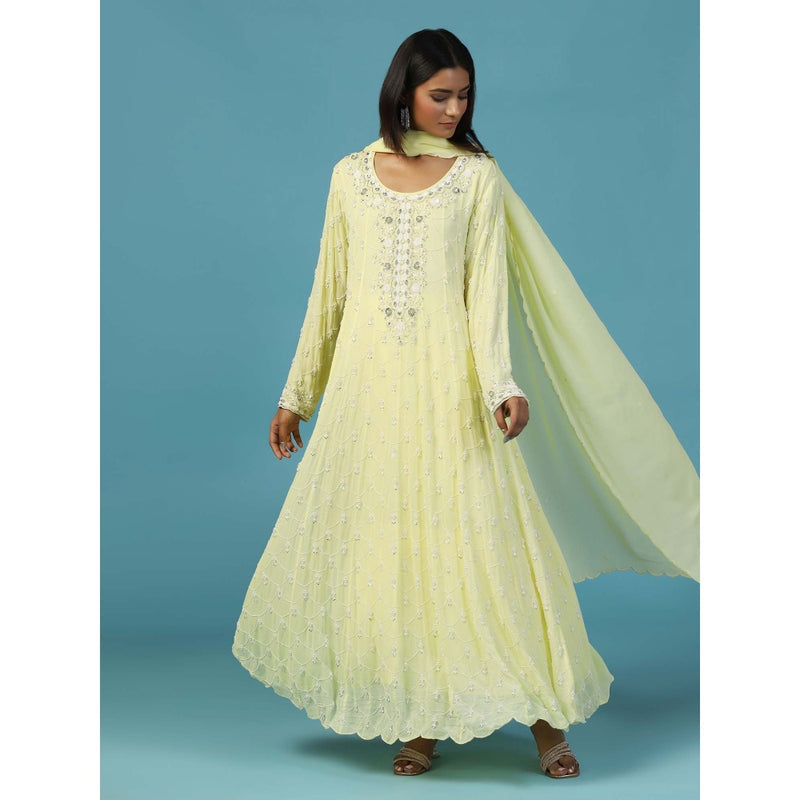 "Two Sisters" by Gyans Lemon Yellow Anarkali Kurta With Churidar Pant and Dupatta (Set of 3)