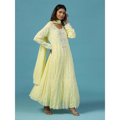 "Two Sisters" by Gyans Lemon Yellow Anarkali Kurta With Churidar Pant and Dupatta (Set of 3)