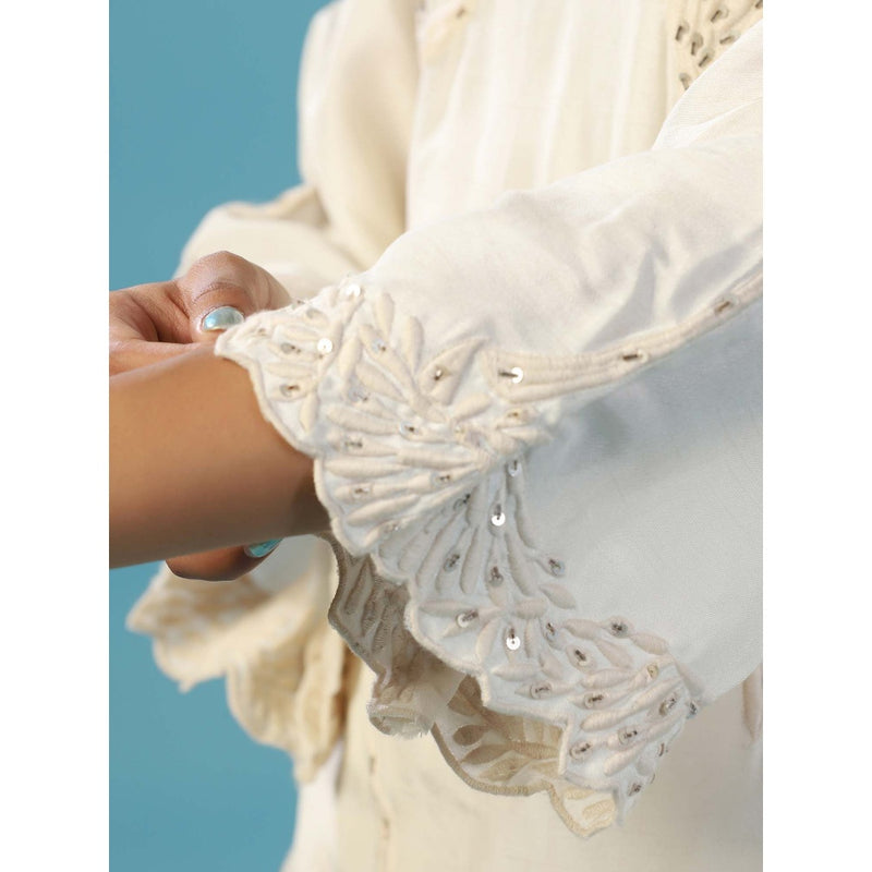 "Two Sisters" by Gyans White Cotton Chanderi Hand Embroidered Flying Birds Co-Ord (Set of 2)