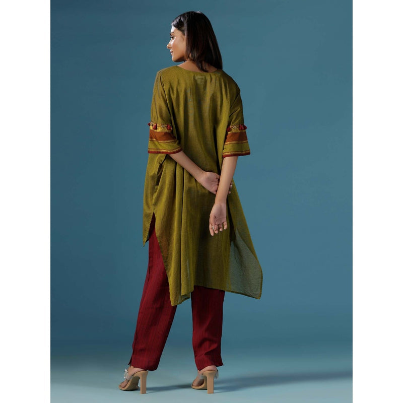 "Two Sisters" by Gyans Green Wine Cotton Lace Detail Dories Kurti with Pant (Set of 2)