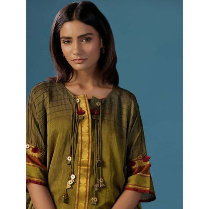 "Two Sisters" by Gyans Green Wine Cotton Lace Detail Dories Kurti with Pant (Set of 2)