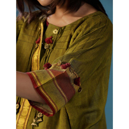 "Two Sisters" by Gyans Green Wine Cotton Lace Detail Dories Kurti with Pant (Set of 2)