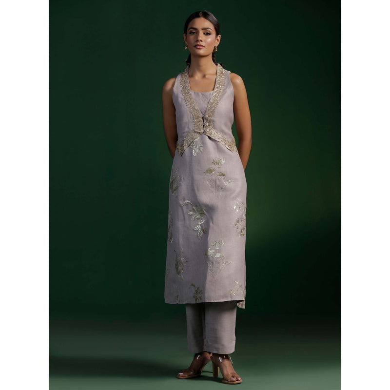 "Two Sisters" by Gyans Grey Jute Cotton Kurta With Pant And Golden Zardozi Jacket (Set of 3)