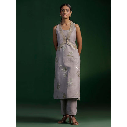 "Two Sisters" by Gyans Grey Jute Cotton Kurta With Pant And Golden Zardozi Jacket (Set of 3)