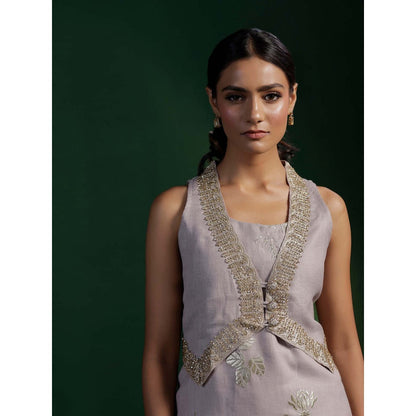 "Two Sisters" by Gyans Grey Jute Cotton Kurta With Pant And Golden Zardozi Jacket (Set of 3)