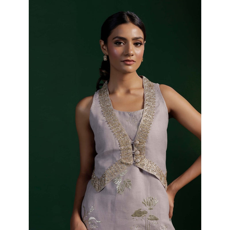 "Two Sisters" by Gyans Grey Jute Cotton Kurta With Pant And Golden Zardozi Jacket (Set of 3)