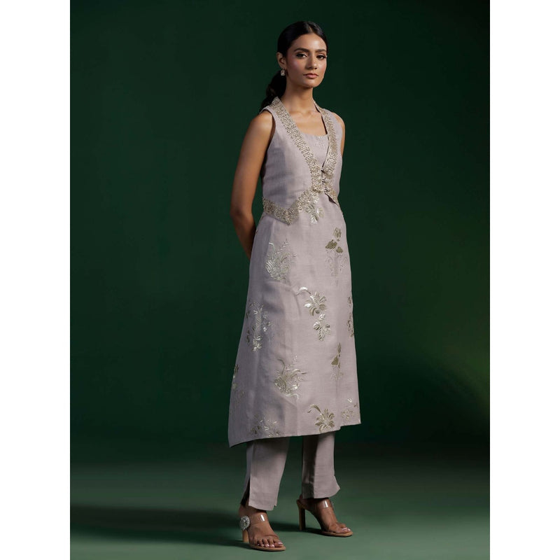 "Two Sisters" by Gyans Grey Jute Cotton Kurta With Pant And Golden Zardozi Jacket (Set of 3)