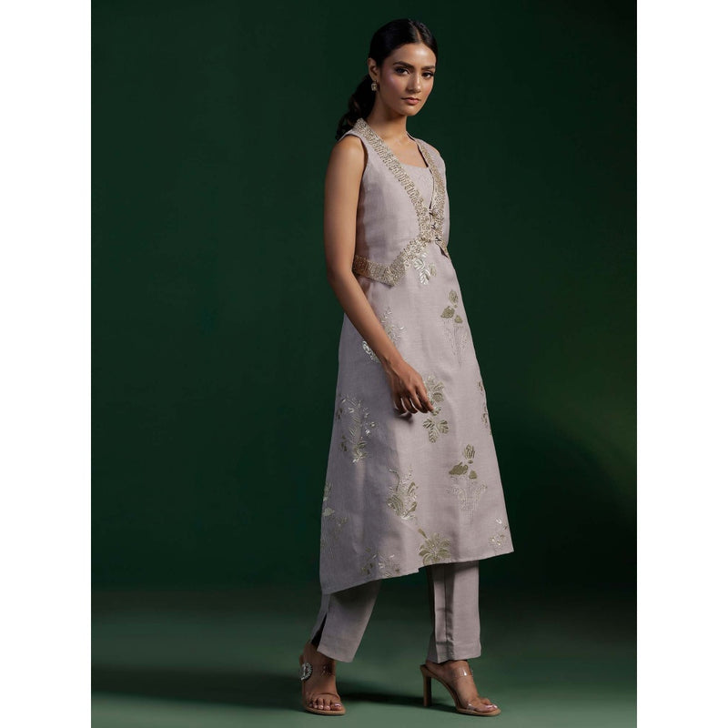 "Two Sisters" by Gyans Grey Jute Cotton Kurta With Pant And Golden Zardozi Jacket (Set of 3)