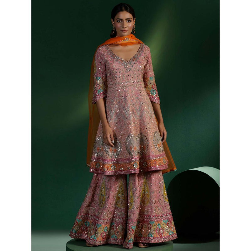 "Two Sisters" by Gyans Blush Pink Embroidered Kurta with Sharara and Dupatta (Set of 3)
