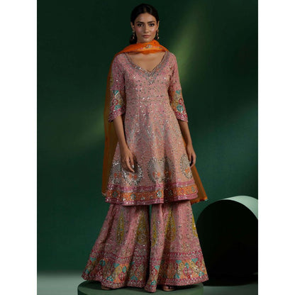 "Two Sisters" by Gyans Blush Pink Embroidered Kurta with Sharara and Dupatta (Set of 3)