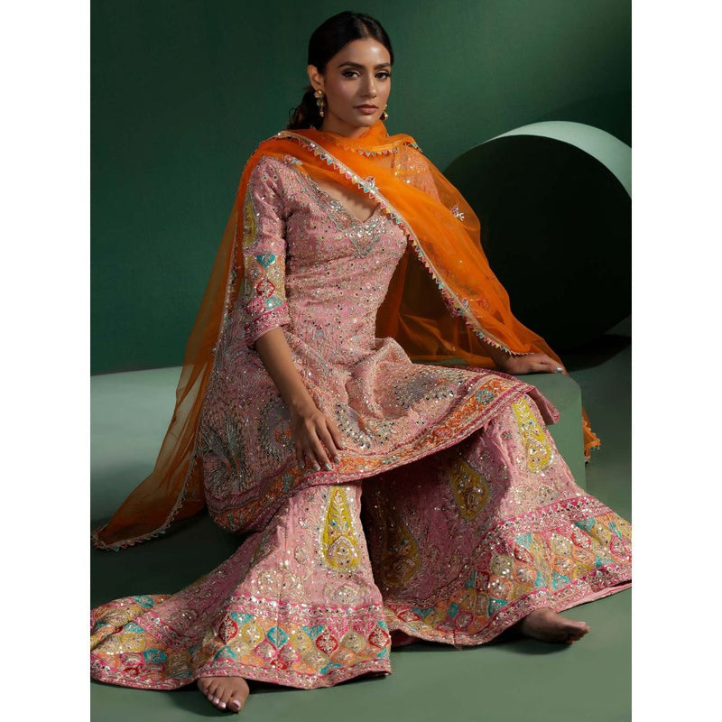 "Two Sisters" by Gyans Blush Pink Embroidered Kurta with Sharara and Dupatta (Set of 3)