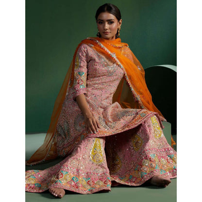 "Two Sisters" by Gyans Blush Pink Embroidered Kurta with Sharara and Dupatta (Set of 3)