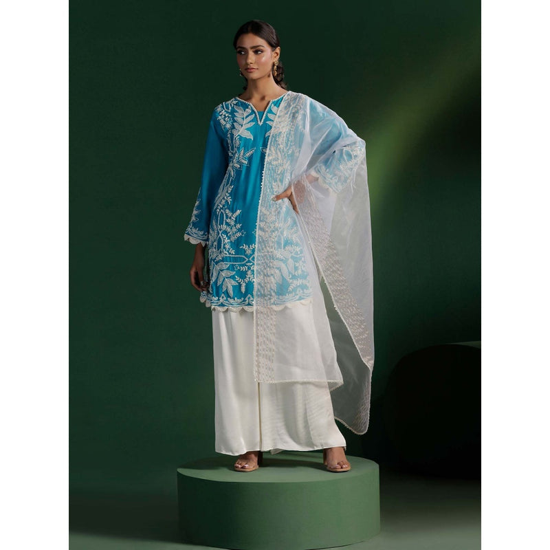"Two Sisters" by Gyans Blue Silk White Satin Kurta with Palazzo and Organza Dupatta (Set of 3)