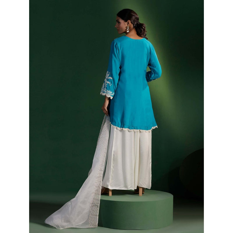 "Two Sisters" by Gyans Blue Silk White Satin Kurta with Palazzo and Organza Dupatta (Set of 3)