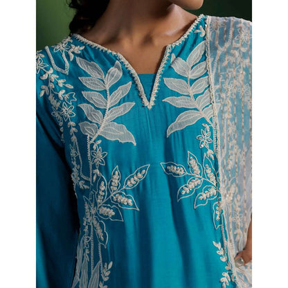 "Two Sisters" by Gyans Blue Silk White Satin Kurta with Palazzo and Organza Dupatta (Set of 3)