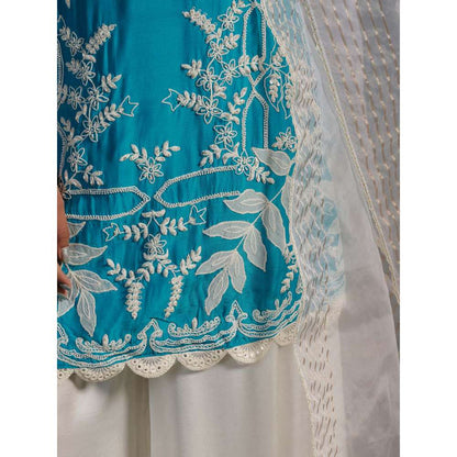 "Two Sisters" by Gyans Blue Silk White Satin Kurta with Palazzo and Organza Dupatta (Set of 3)