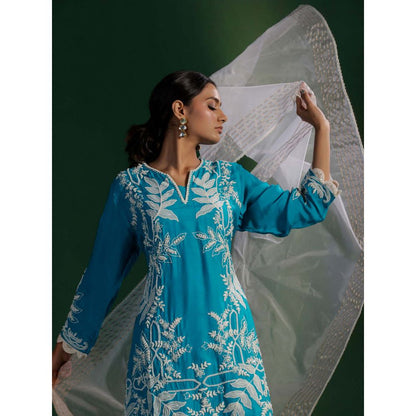 "Two Sisters" by Gyans Blue Silk White Satin Kurta with Palazzo and Organza Dupatta (Set of 3)