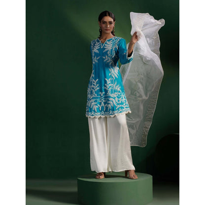"Two Sisters" by Gyans Blue Silk White Satin Kurta with Palazzo and Organza Dupatta (Set of 3)