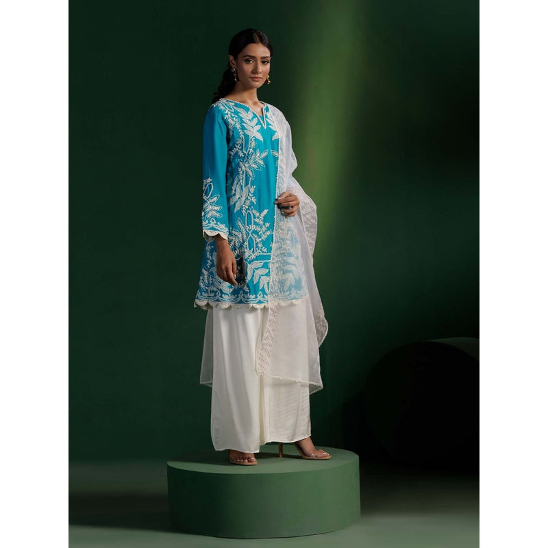 "Two Sisters" by Gyans Blue Silk White Satin Kurta with Palazzo and Organza Dupatta (Set of 3)