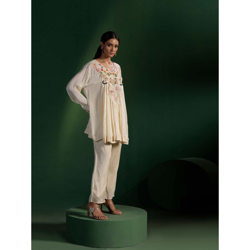 "Two Sisters" by Gyans Ivory Resham Thread Stone Embroidery Kurti with Pant (Set of 2)