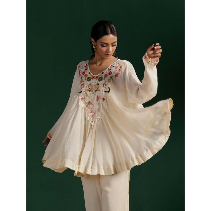 "Two Sisters" by Gyans Ivory Resham Thread Stone Embroidery Kurti with Pant (Set of 2)