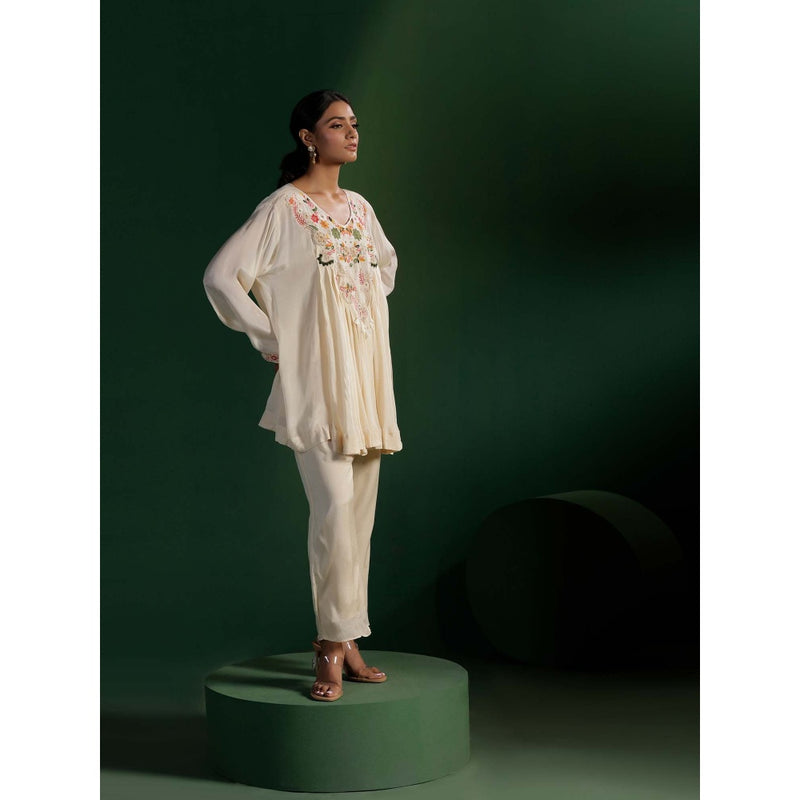 "Two Sisters" by Gyans Ivory Resham Thread Stone Embroidery Kurti with Pant (Set of 2)