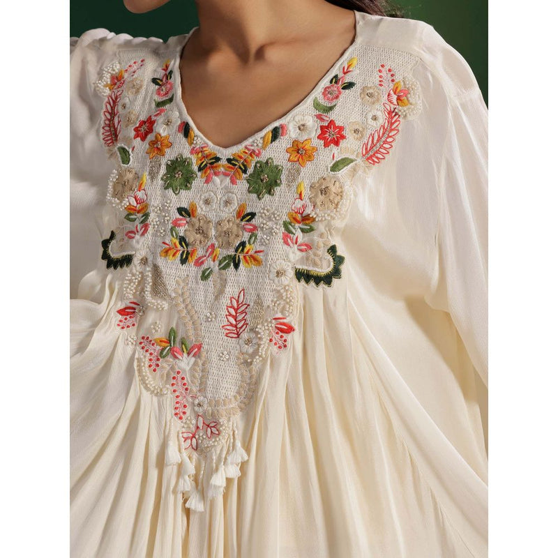 "Two Sisters" by Gyans Ivory Resham Thread Stone Embroidery Kurti with Pant (Set of 2)