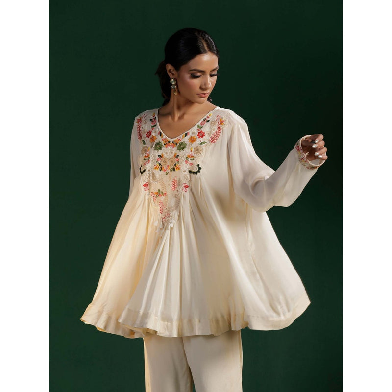 "Two Sisters" by Gyans Ivory Resham Thread Stone Embroidery Kurti with Pant (Set of 2)